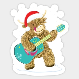 Scottish Highland Cow Plays Guitar In The Christmas Snow Sticker